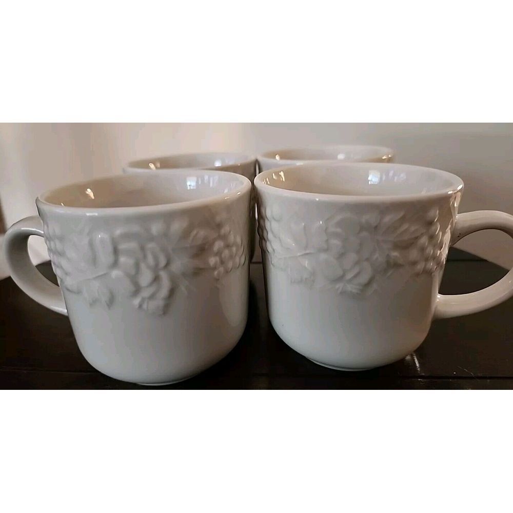 GIBSON White Stoneware Coffee Tea Mugs Raised Embossed Fruit | SET of 4